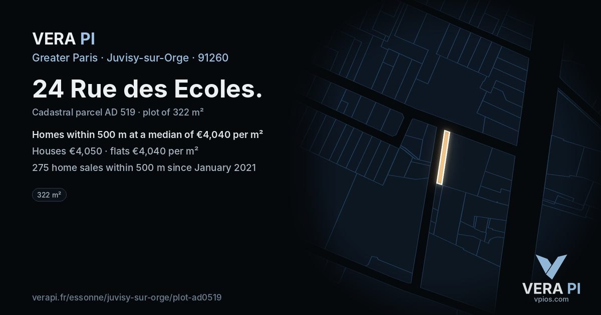 24 Rue des Ecoles, Juvisy-sur-Orge at night – the plot lit, the parcels around coloured by the prices near them