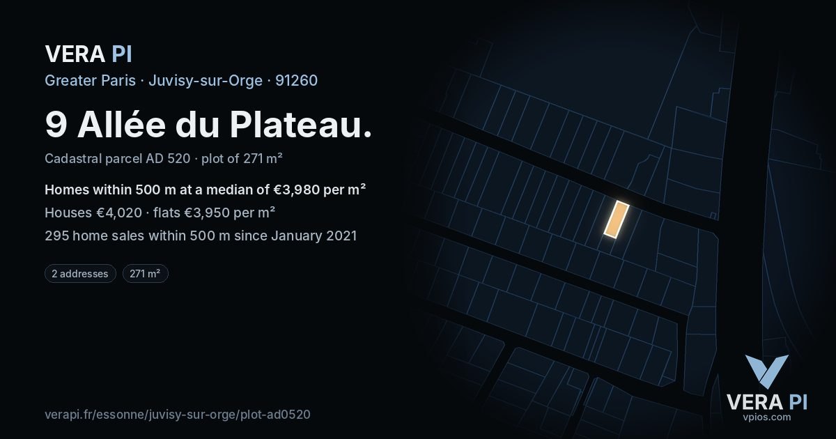 9 Allée du Plateau, Juvisy-sur-Orge at night – the plot lit, the parcels around coloured by the prices near them
