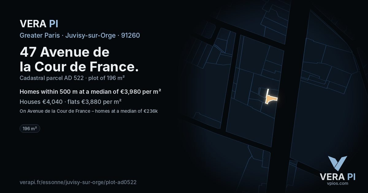 47 Avenue de la Cour de France, Juvisy-sur-Orge at night – the plot lit, the parcels around coloured by the prices near them