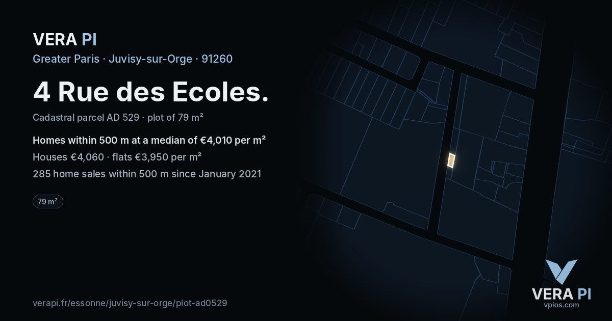 4 Rue des Ecoles, Juvisy-sur-Orge at night – the plot lit, the parcels around coloured by the prices near them