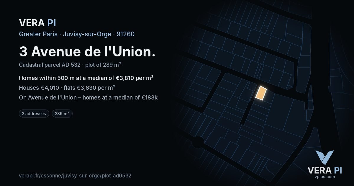 3 Avenue de l'Union, Juvisy-sur-Orge at night – the plot lit, the parcels around coloured by the prices near them