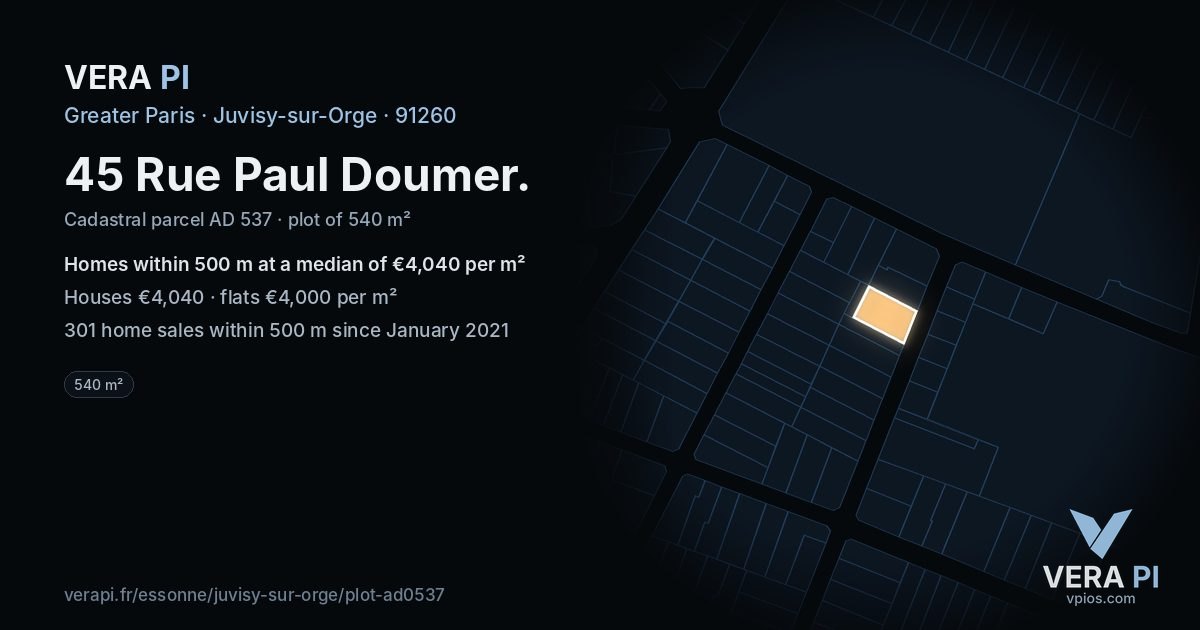 45 Rue Paul Doumer, Juvisy-sur-Orge at night – the plot lit, the parcels around coloured by the prices near them