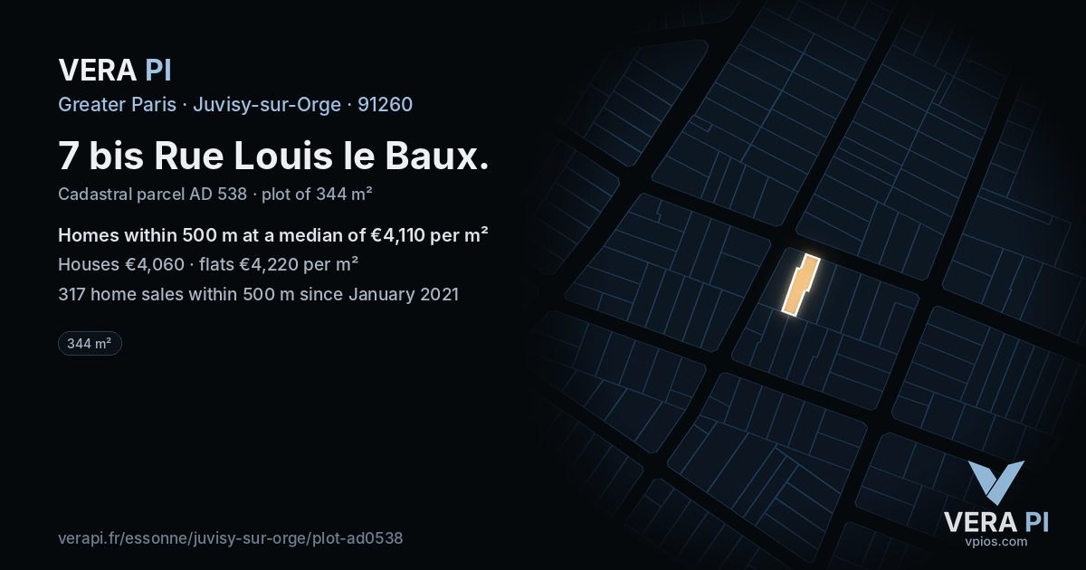 7 bis Rue Louis le Baux, Juvisy-sur-Orge at night – the plot lit, the parcels around coloured by the prices near them