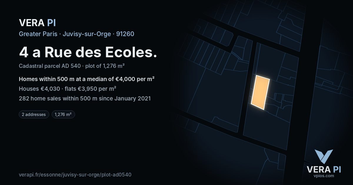 4 a Rue des Ecoles, Juvisy-sur-Orge at night – the plot lit, the parcels around coloured by the prices near them