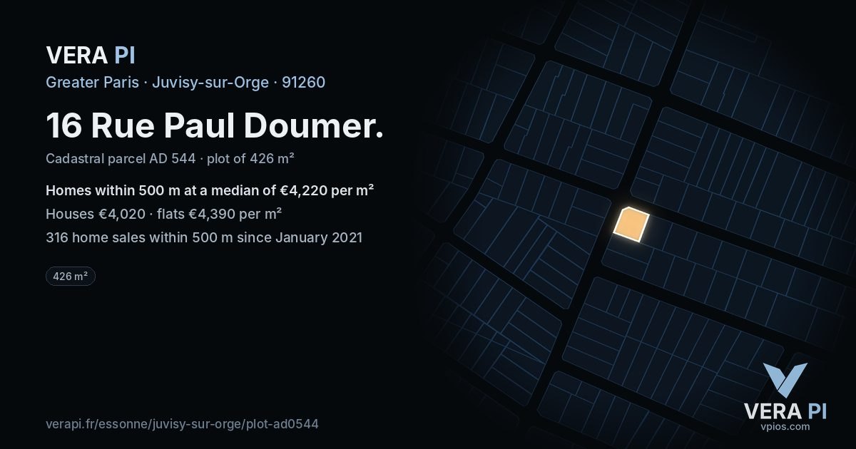 16 Rue Paul Doumer, Juvisy-sur-Orge at night – the plot lit, the parcels around coloured by the prices near them