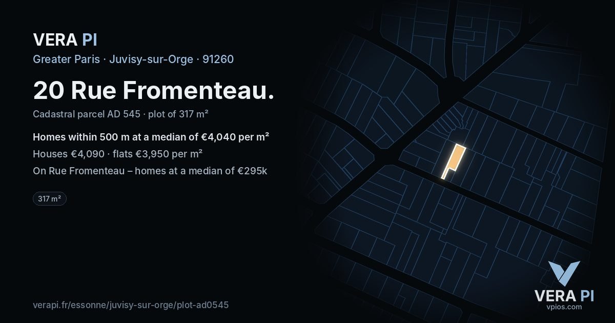 20 Rue Fromenteau, Juvisy-sur-Orge at night – the plot lit, the parcels around coloured by the prices near them