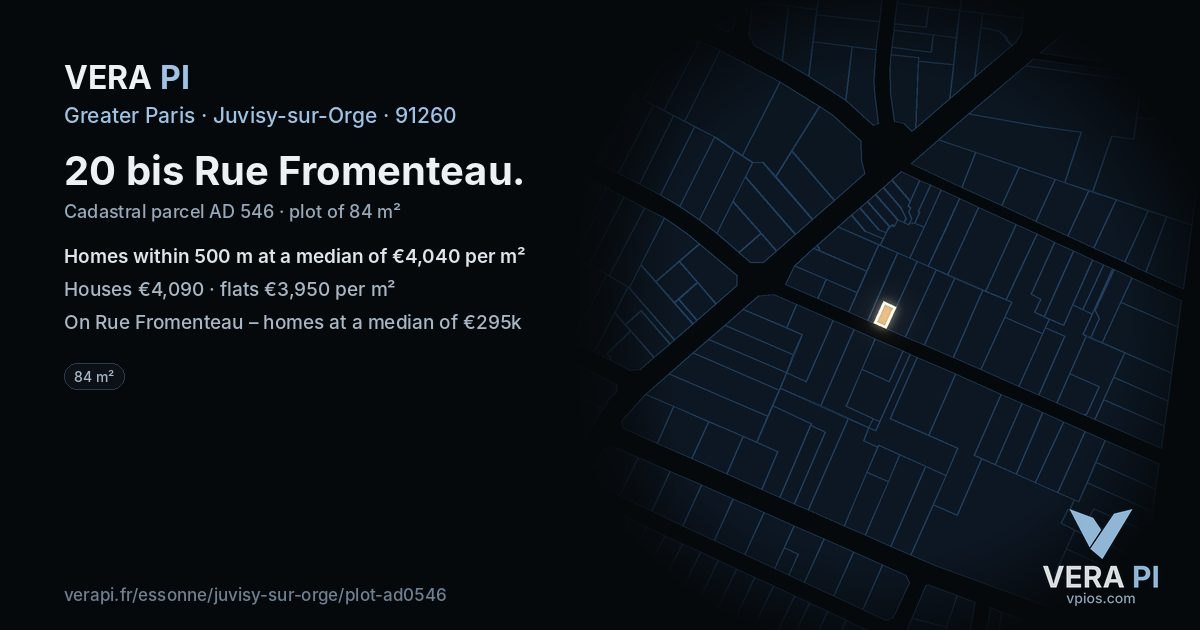 20 bis Rue Fromenteau, Juvisy-sur-Orge at night – the plot lit, the parcels around coloured by the prices near them