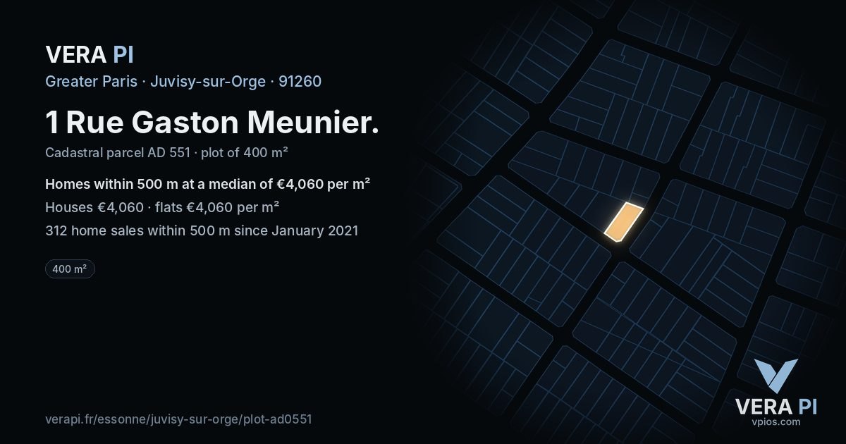 1 Rue Gaston Meunier, Juvisy-sur-Orge at night – the plot lit, the parcels around coloured by the prices near them
