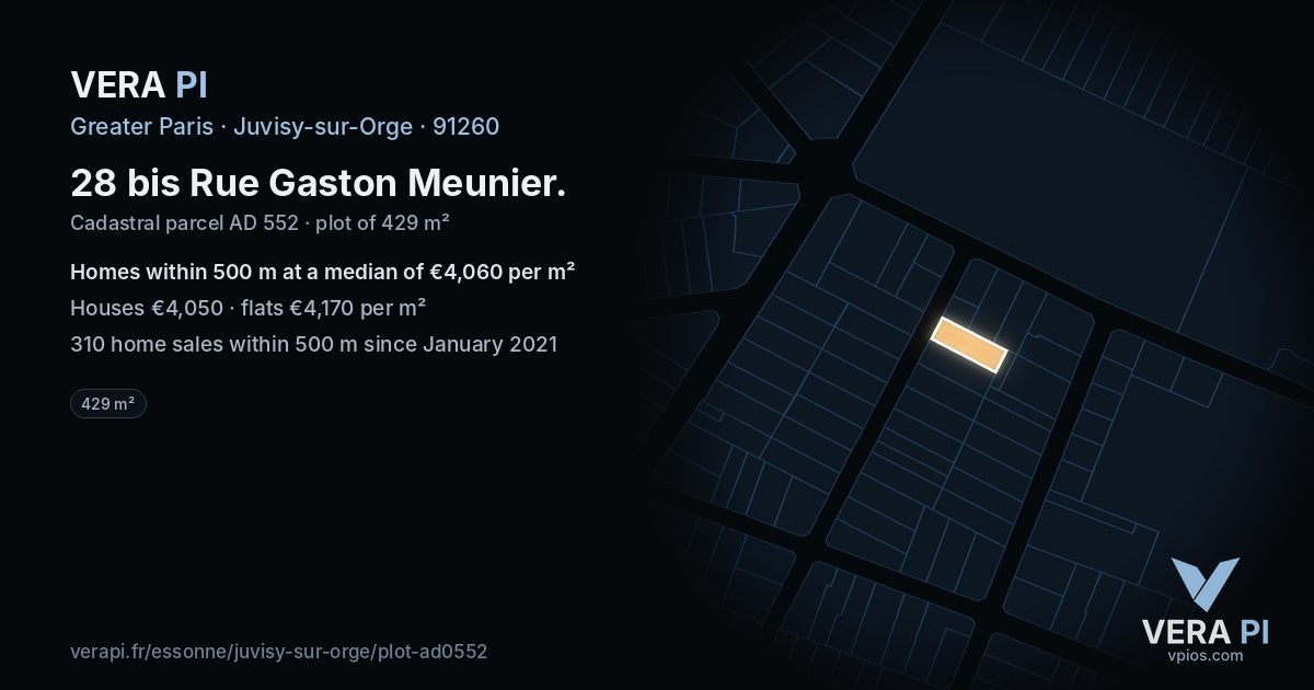 28 bis Rue Gaston Meunier, Juvisy-sur-Orge at night – the plot lit, the parcels around coloured by the prices near them