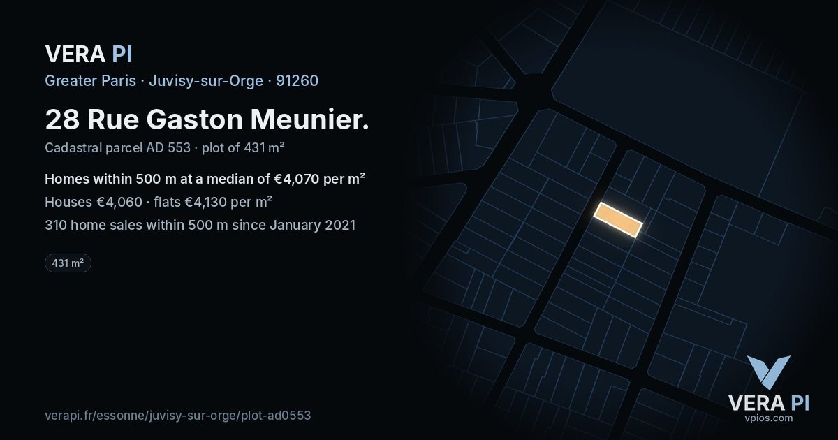 28 Rue Gaston Meunier, Juvisy-sur-Orge at night – the plot lit, the parcels around coloured by the prices near them