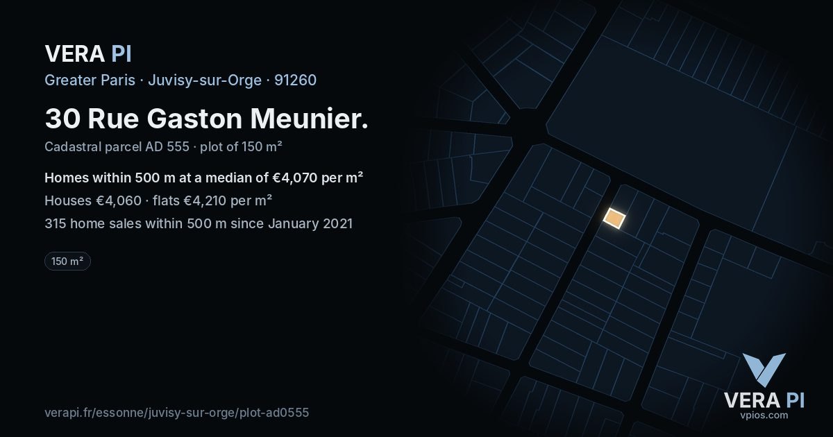 30 Rue Gaston Meunier, Juvisy-sur-Orge at night – the plot lit, the parcels around coloured by the prices near them