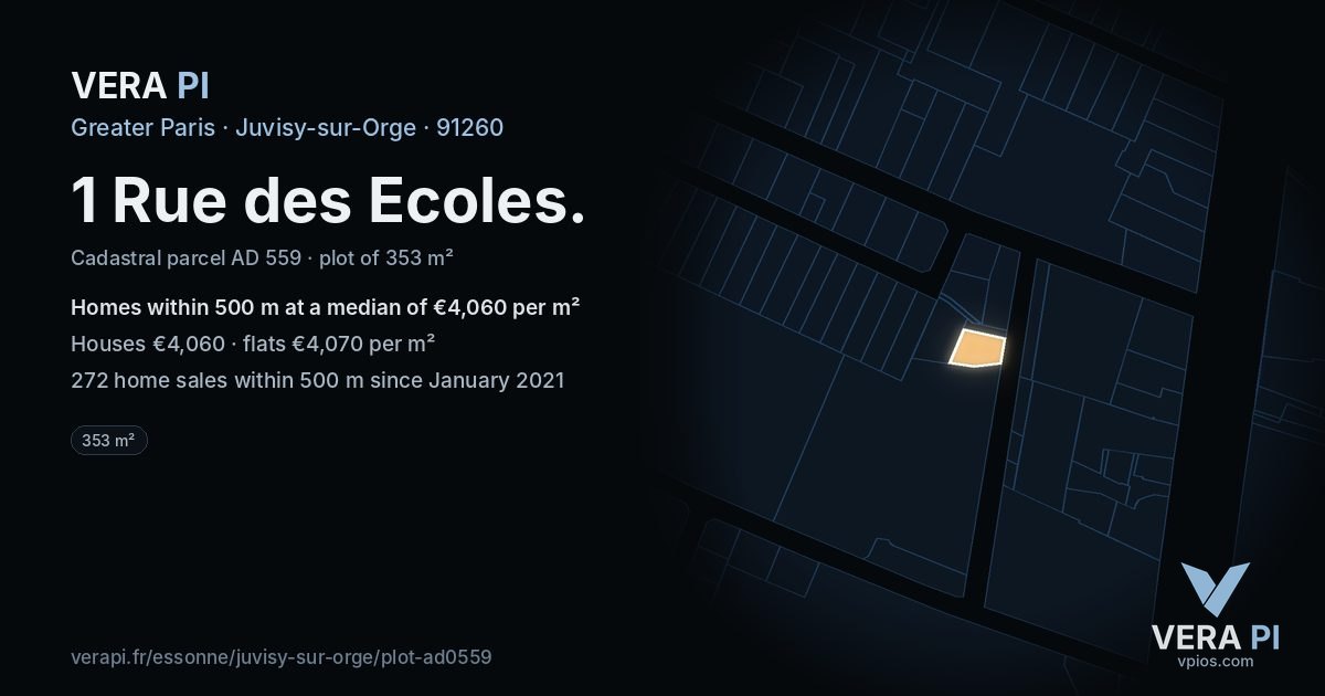 1 Rue des Ecoles, Juvisy-sur-Orge at night – the plot lit, the parcels around coloured by the prices near them