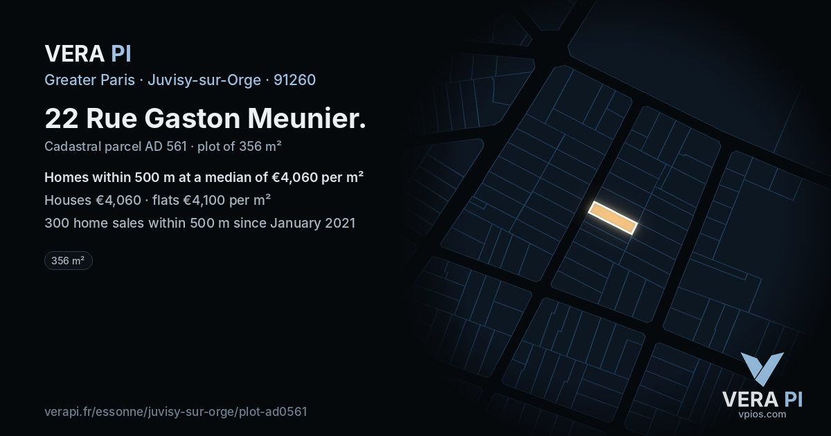 22 Rue Gaston Meunier, Juvisy-sur-Orge at night – the plot lit, the parcels around coloured by the prices near them