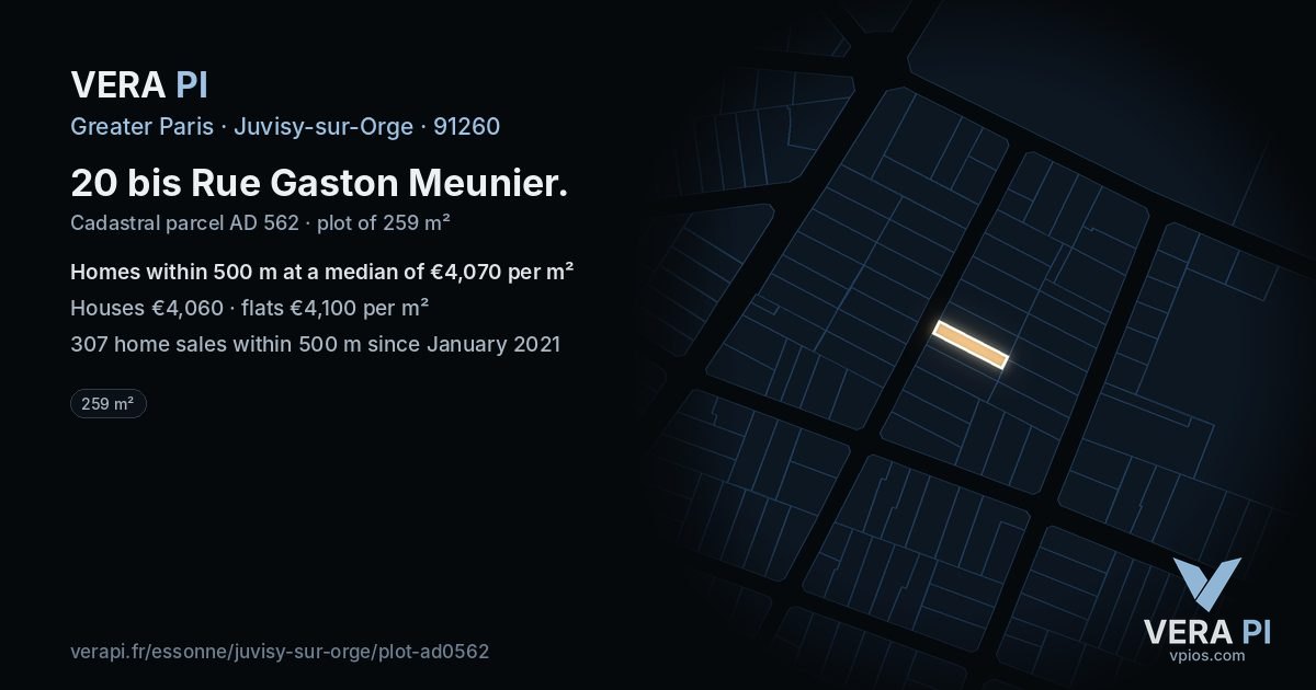 20 bis Rue Gaston Meunier, Juvisy-sur-Orge at night – the plot lit, the parcels around coloured by the prices near them