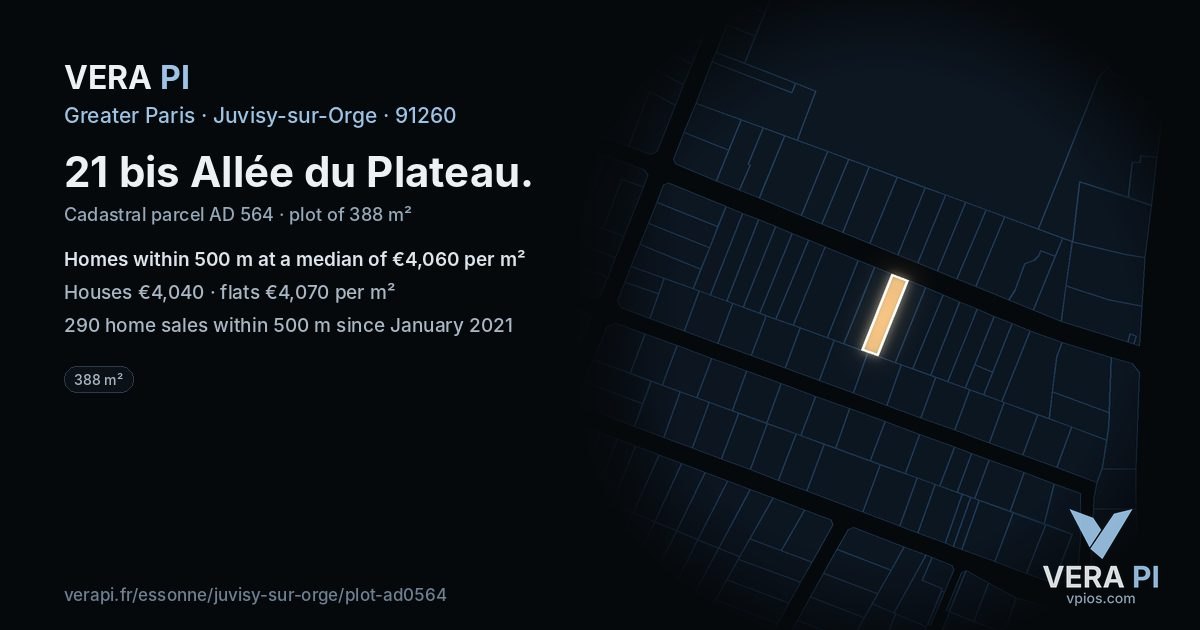 21 bis Allée du Plateau, Juvisy-sur-Orge at night – the plot lit, the parcels around coloured by the prices near them