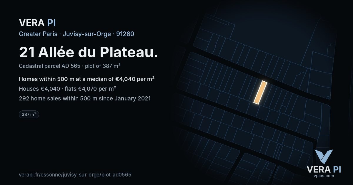 21 Allée du Plateau, Juvisy-sur-Orge at night – the plot lit, the parcels around coloured by the prices near them