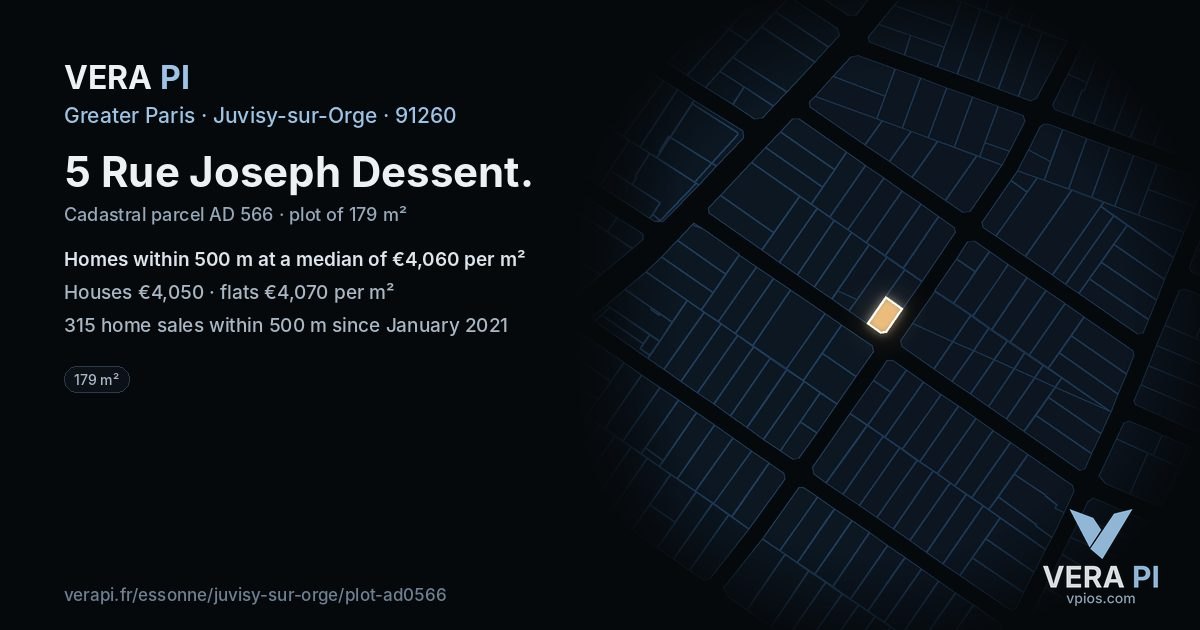 5 Rue Joseph Dessent, Juvisy-sur-Orge at night – the plot lit, the parcels around coloured by the prices near them