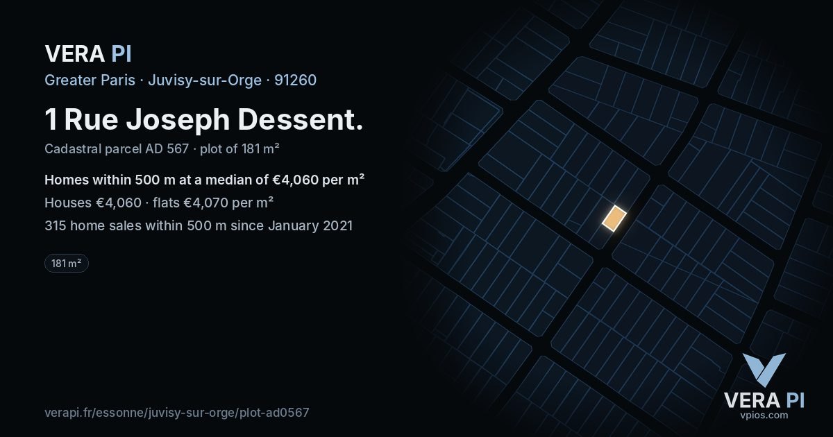 1 Rue Joseph Dessent, Juvisy-sur-Orge at night – the plot lit, the parcels around coloured by the prices near them