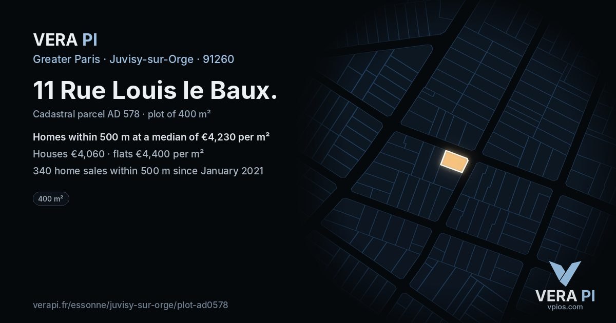 11 Rue Louis le Baux, Juvisy-sur-Orge at night – the plot lit, the parcels around coloured by the prices near them
