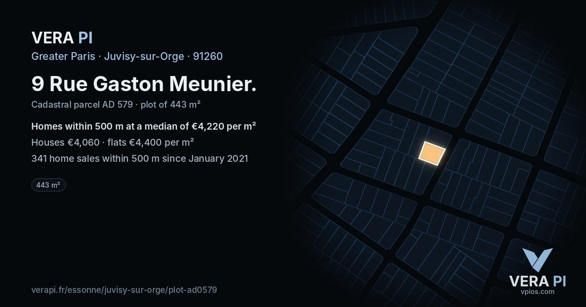 9 Rue Gaston Meunier, Juvisy-sur-Orge at night – the plot lit, the parcels around coloured by the prices near them