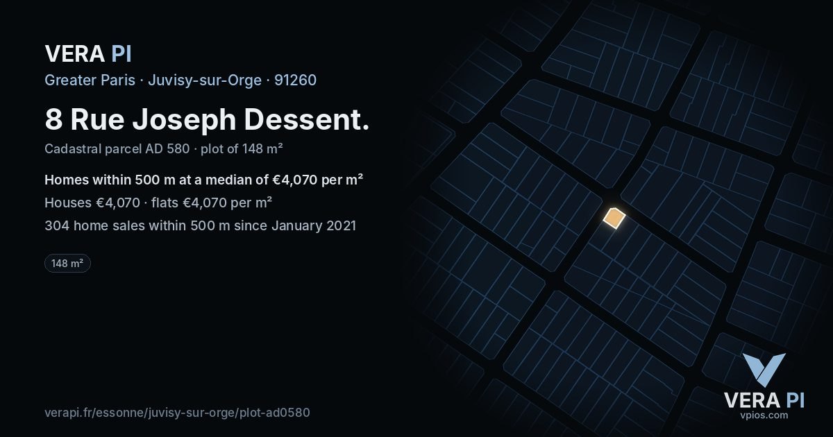 8 Rue Joseph Dessent, Juvisy-sur-Orge at night – the plot lit, the parcels around coloured by the prices near them