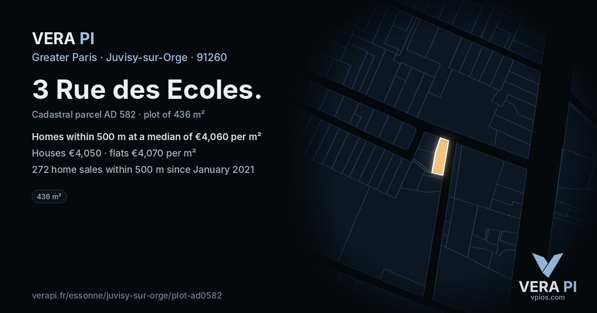 3 Rue des Ecoles, Juvisy-sur-Orge at night – the plot lit, the parcels around coloured by the prices near them