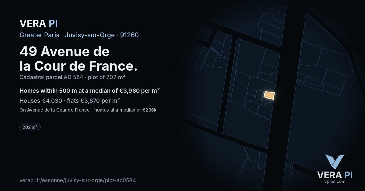 49 Avenue de la Cour de France, Juvisy-sur-Orge at night – the plot lit, the parcels around coloured by the prices near them