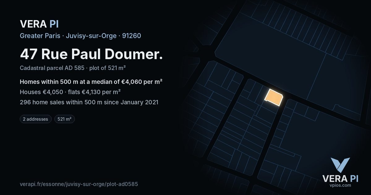 47 Rue Paul Doumer, Juvisy-sur-Orge at night – the plot lit, the parcels around coloured by the prices near them