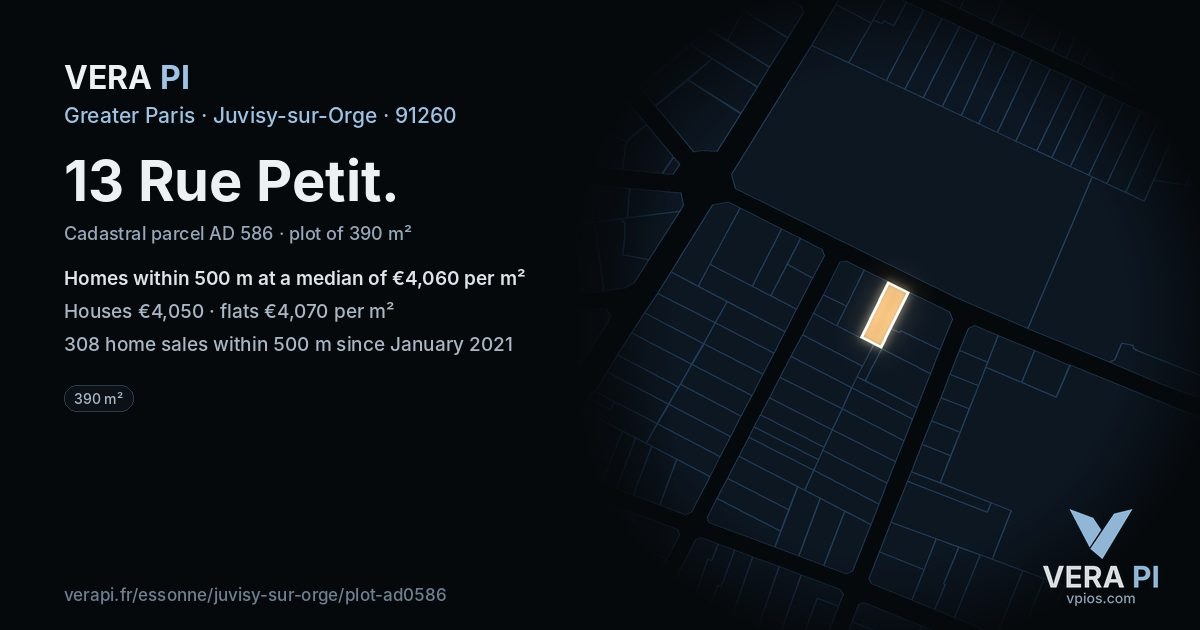 13 Rue Petit, Juvisy-sur-Orge at night – the plot lit, the parcels around coloured by the prices near them