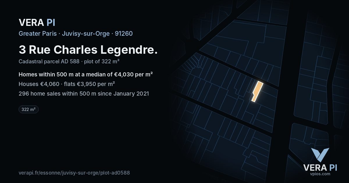 3 Rue Charles Legendre, Juvisy-sur-Orge at night – the plot lit, the parcels around coloured by the prices near them