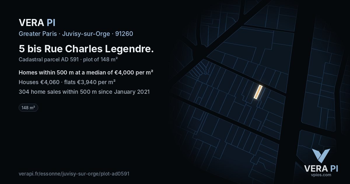 5 bis Rue Charles Legendre, Juvisy-sur-Orge at night – the plot lit, the parcels around coloured by the prices near them