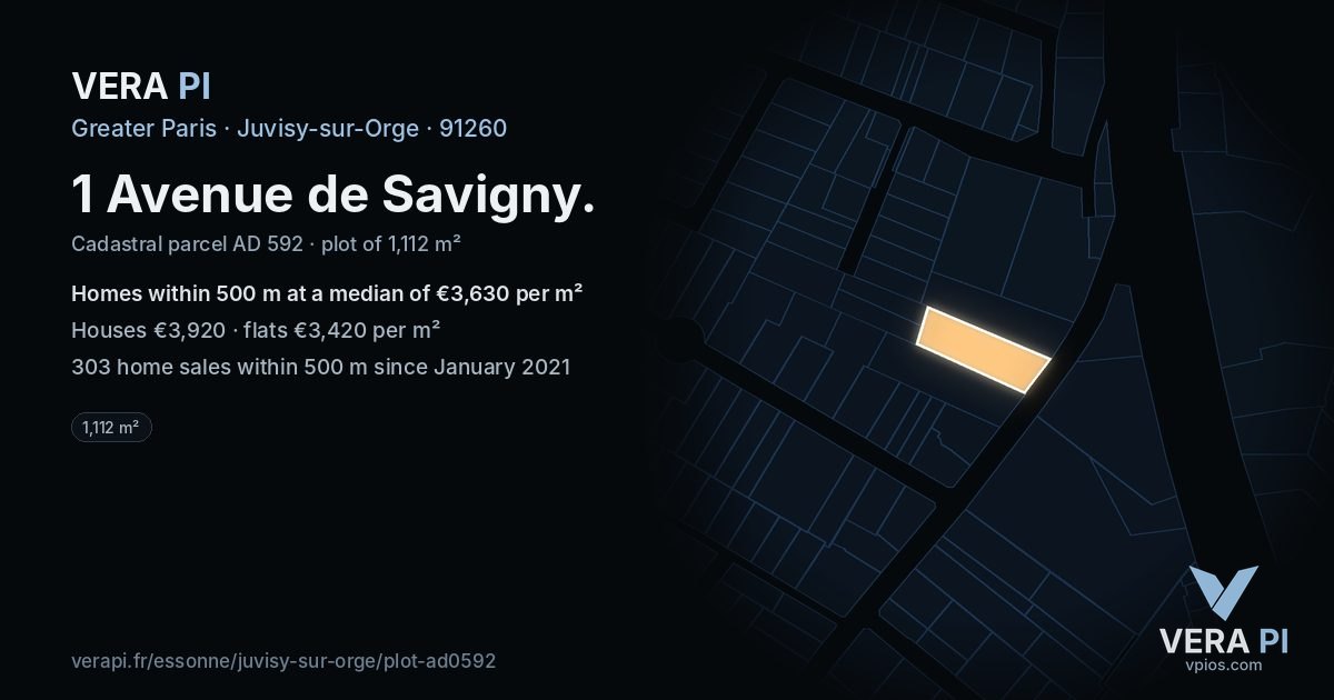 1 Avenue de Savigny, Juvisy-sur-Orge at night – the plot lit, the parcels around coloured by the prices near them