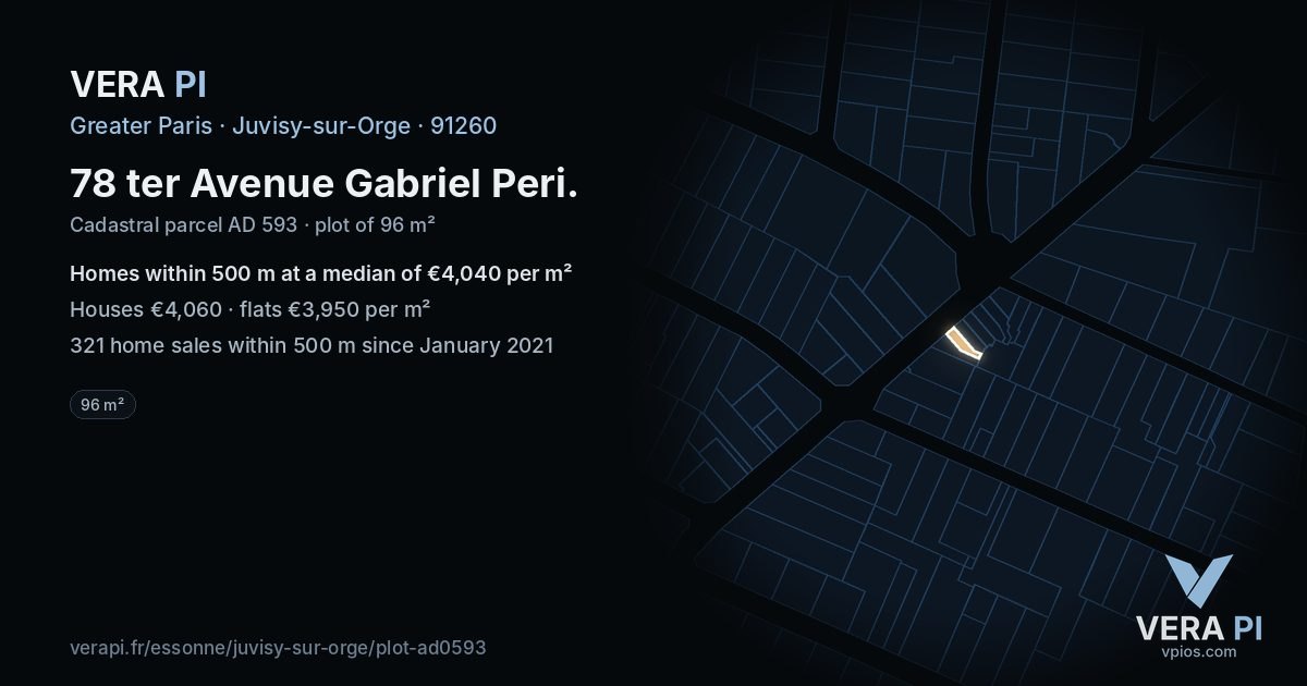 78 ter Avenue Gabriel Peri, Juvisy-sur-Orge at night – the plot lit, the parcels around coloured by the prices near them