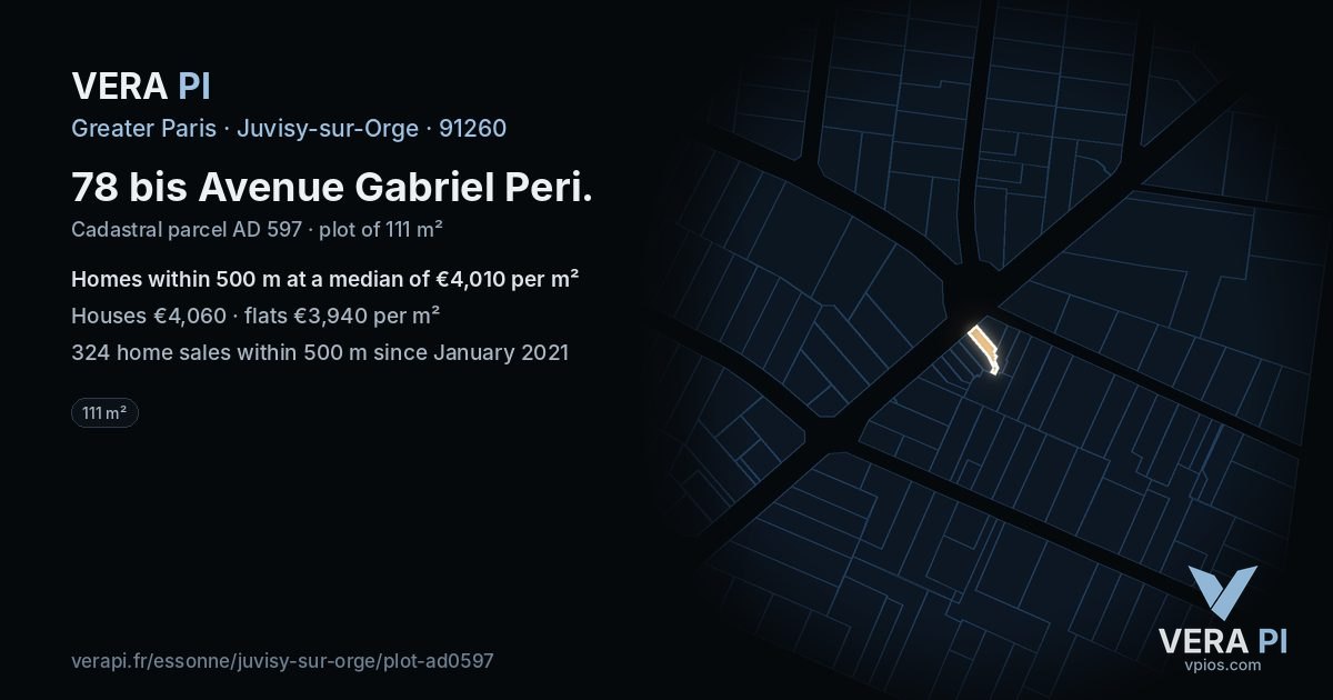 78 bis Avenue Gabriel Peri, Juvisy-sur-Orge at night – the plot lit, the parcels around coloured by the prices near them