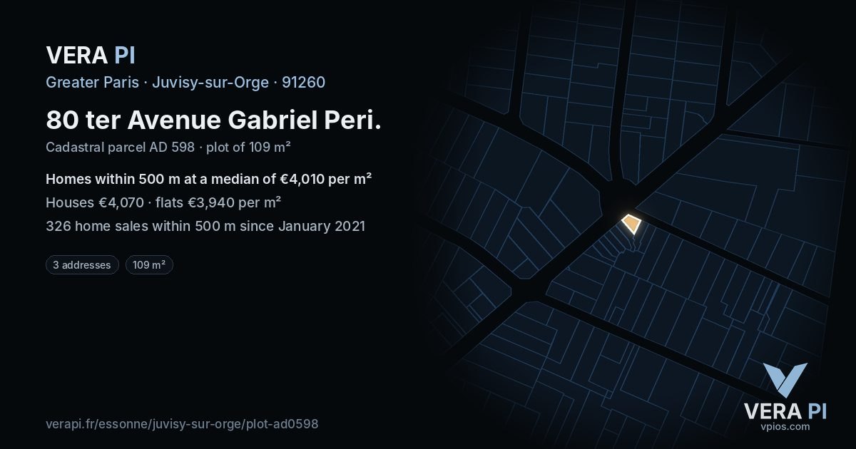 80 ter Avenue Gabriel Peri, Juvisy-sur-Orge at night – the plot lit, the parcels around coloured by the prices near them