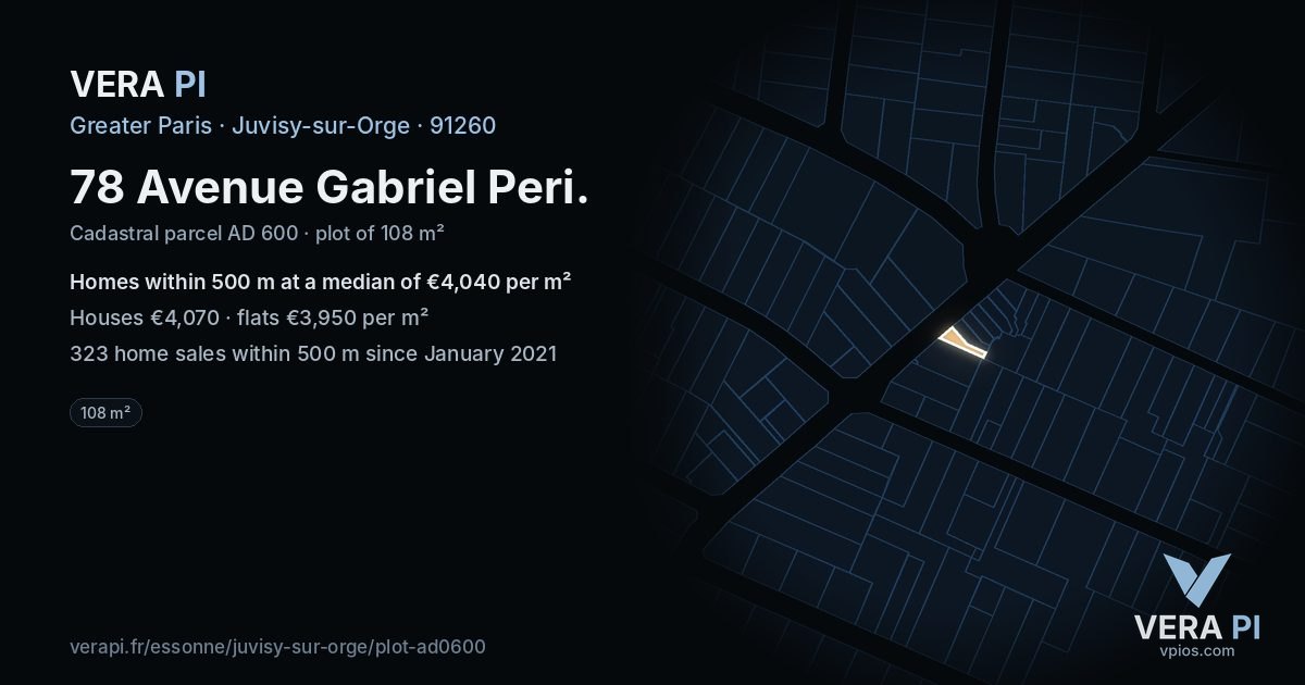 78 Avenue Gabriel Peri, Juvisy-sur-Orge at night – the plot lit, the parcels around coloured by the prices near them