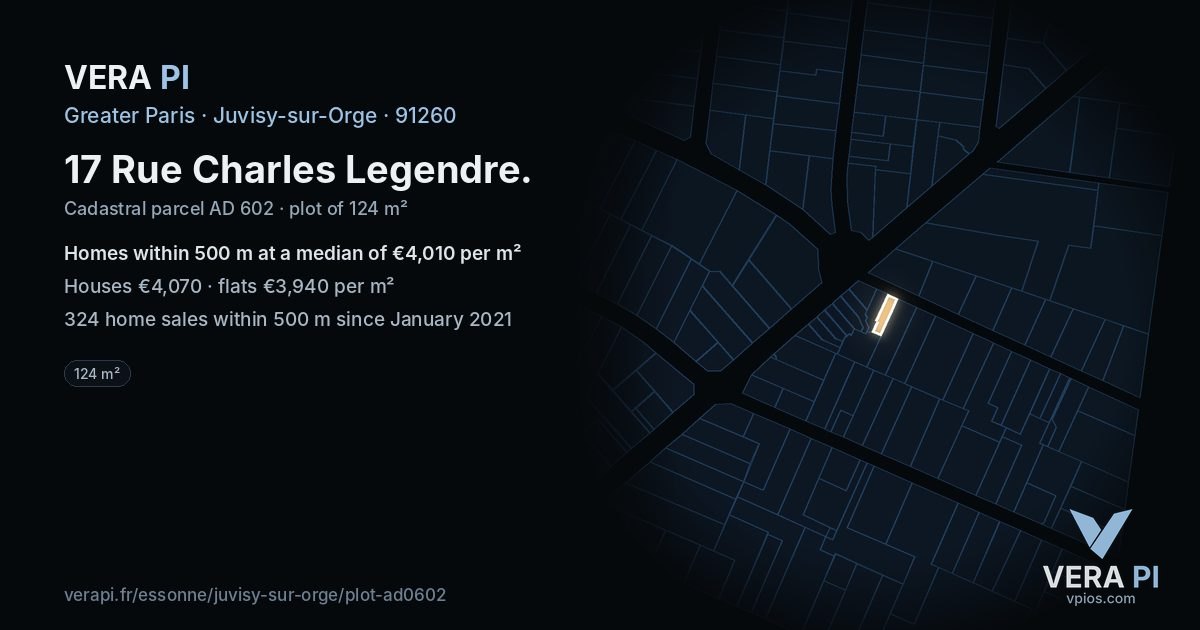 17 Rue Charles Legendre, Juvisy-sur-Orge at night – the plot lit, the parcels around coloured by the prices near them
