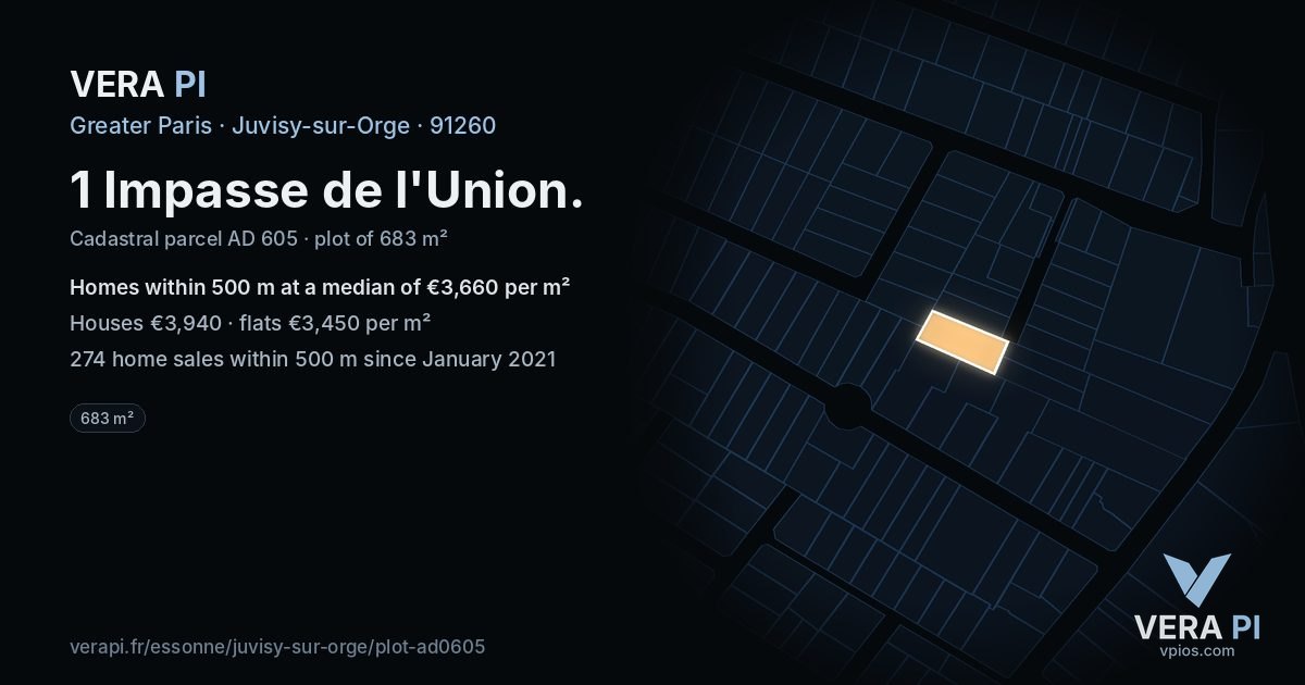 1 Impasse de l'Union, Juvisy-sur-Orge at night – the plot lit, the parcels around coloured by the prices near them
