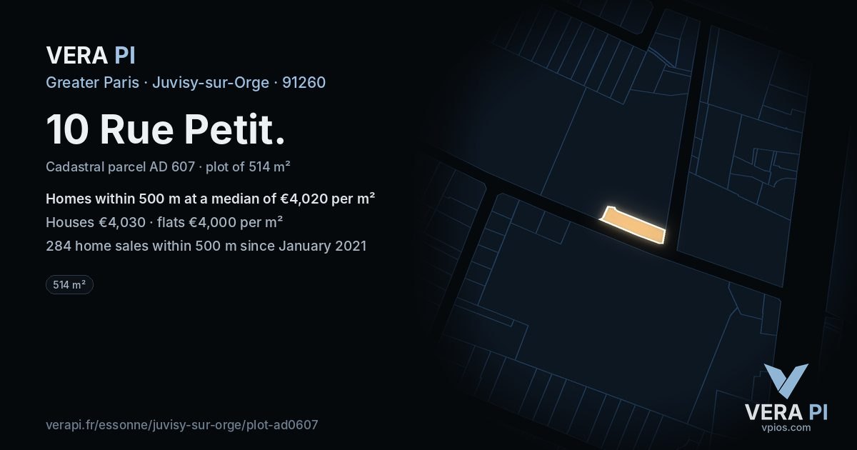 10 Rue Petit, Juvisy-sur-Orge at night – the plot lit, the parcels around coloured by the prices near them