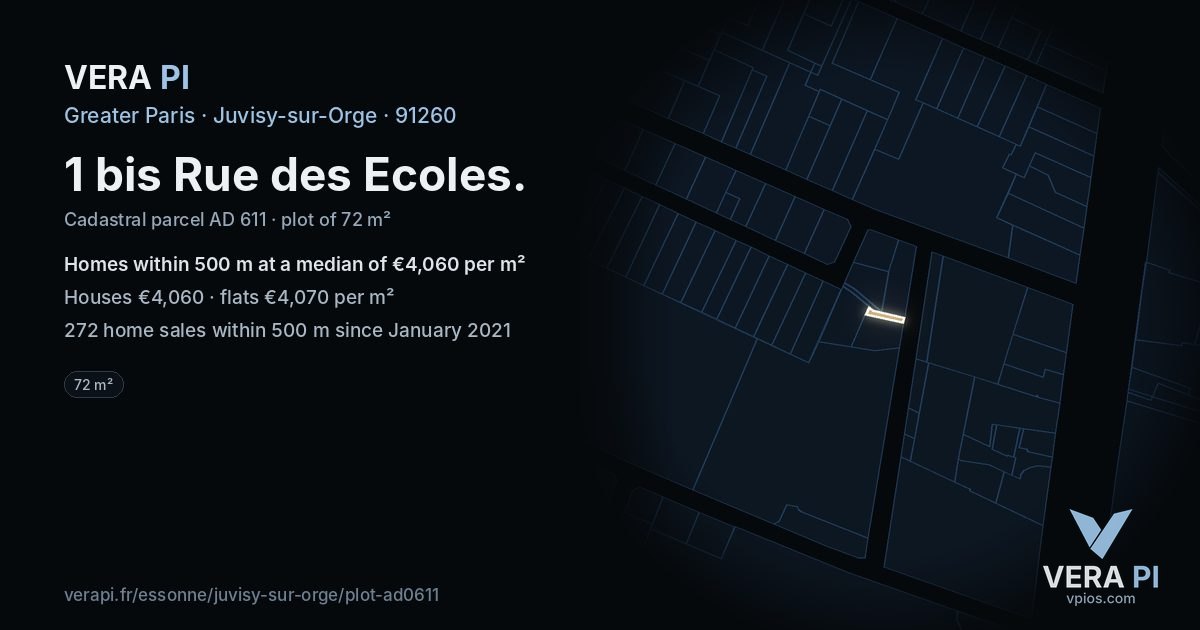 1 bis Rue des Ecoles, Juvisy-sur-Orge at night – the plot lit, the parcels around coloured by the prices near them