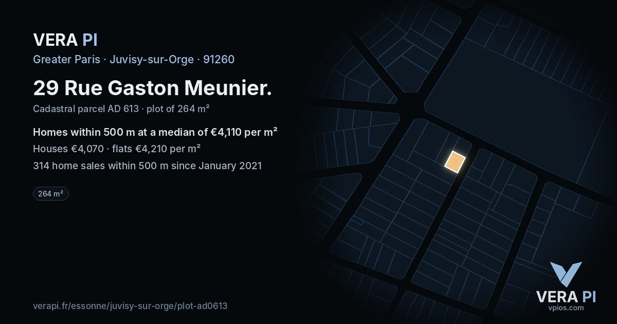 29 Rue Gaston Meunier, Juvisy-sur-Orge at night – the plot lit, the parcels around coloured by the prices near them