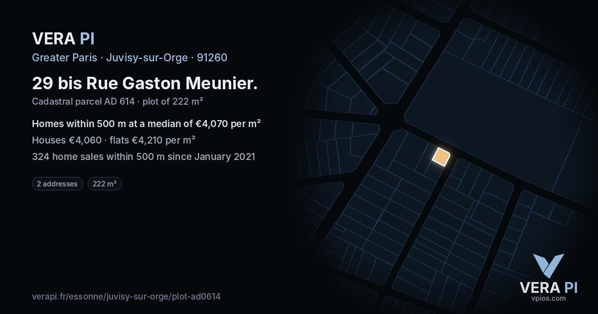 29 bis Rue Gaston Meunier, Juvisy-sur-Orge at night – the plot lit, the parcels around coloured by the prices near them