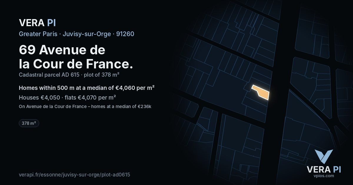 69 Avenue de la Cour de France, Juvisy-sur-Orge at night – the plot lit, the parcels around coloured by the prices near them