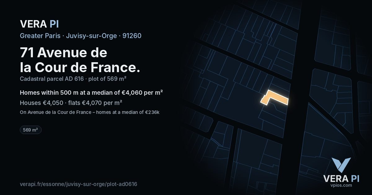 71 Avenue de la Cour de France, Juvisy-sur-Orge at night – the plot lit, the parcels around coloured by the prices near them