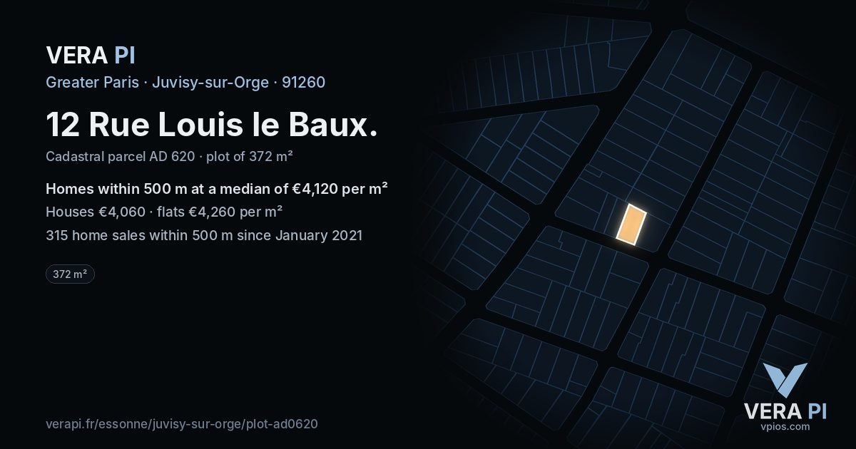 12 Rue Louis le Baux, Juvisy-sur-Orge at night – the plot lit, the parcels around coloured by the prices near them