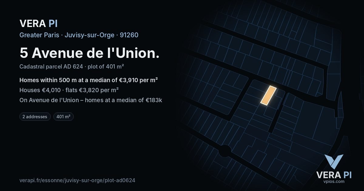 5 Avenue de l'Union, Juvisy-sur-Orge at night – the plot lit, the parcels around coloured by the prices near them