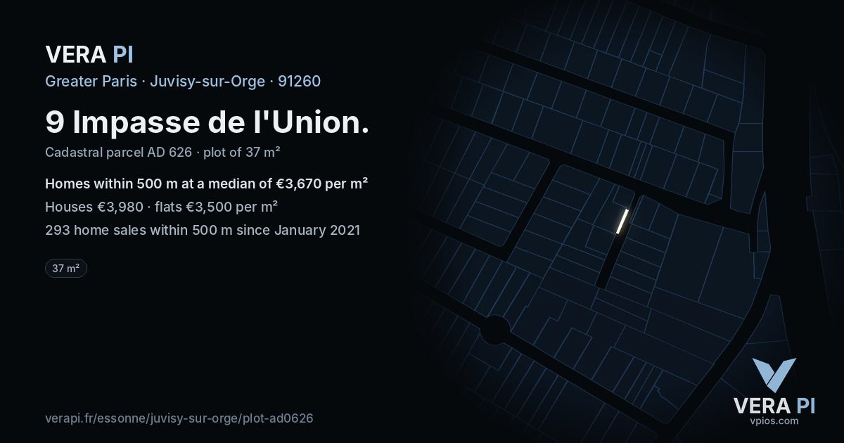 9 Impasse de l'Union, Juvisy-sur-Orge at night – the plot lit, the parcels around coloured by the prices near them