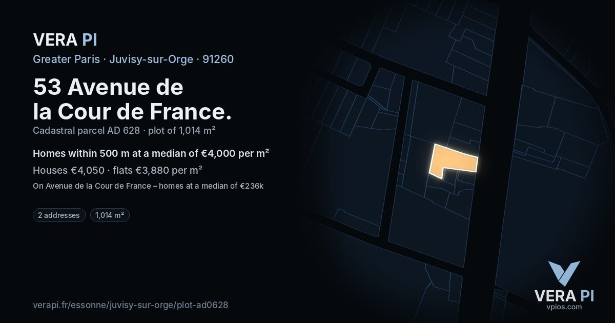 53 Avenue de la Cour de France, Juvisy-sur-Orge at night – the plot lit, the parcels around coloured by the prices near them