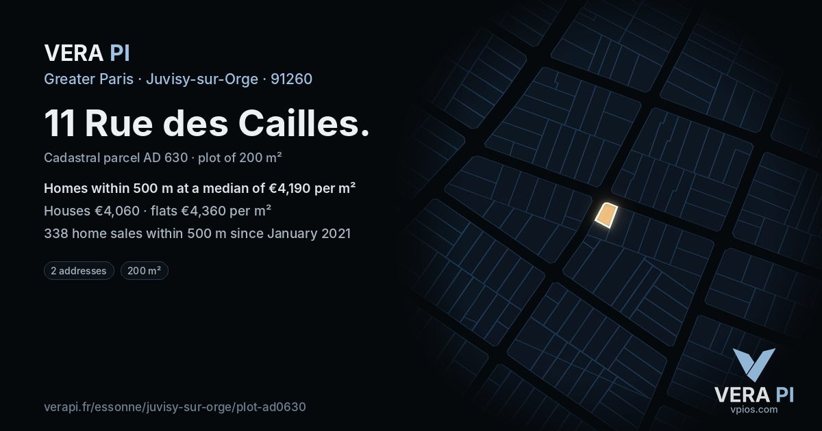 11 Rue des Cailles, Juvisy-sur-Orge at night – the plot lit, the parcels around coloured by the prices near them