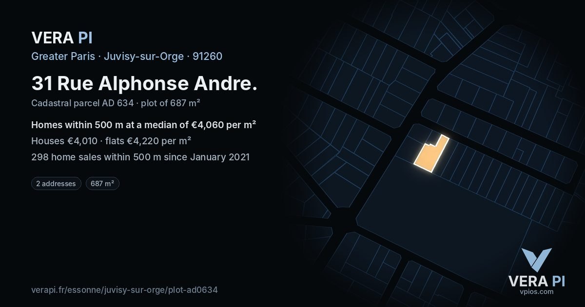 31 Rue Alphonse Andre, Juvisy-sur-Orge at night – the plot lit, the parcels around coloured by the prices near them